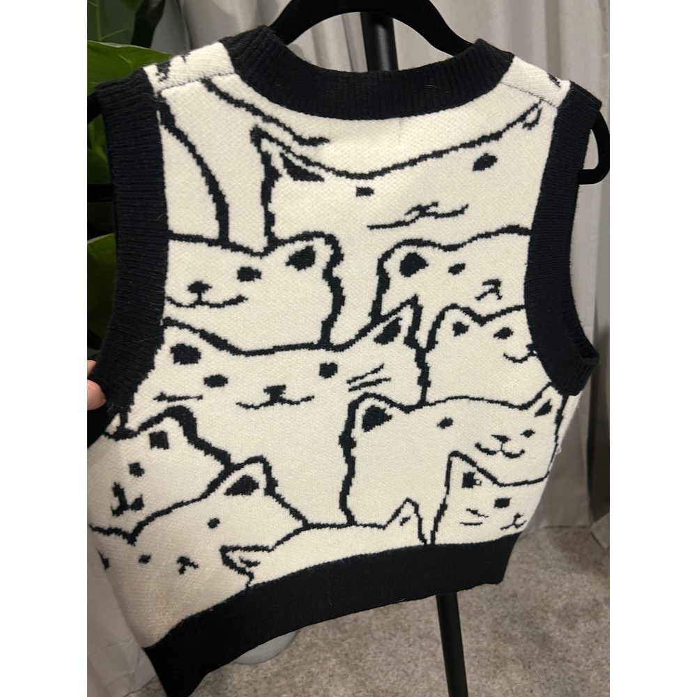 Cider Women Black White Cat Print Sweater Vest V-Neck Sleeveless Knit Top Small - Picture 4 of 4